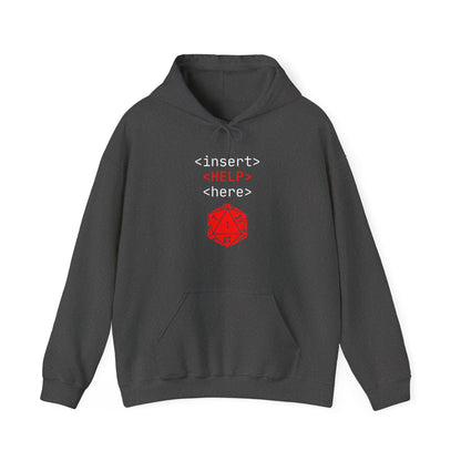 Coding Debug D20 Critical Fail Hoodie | "<insert> HELP </Here>" | Programmer Gamer Sweatshirt