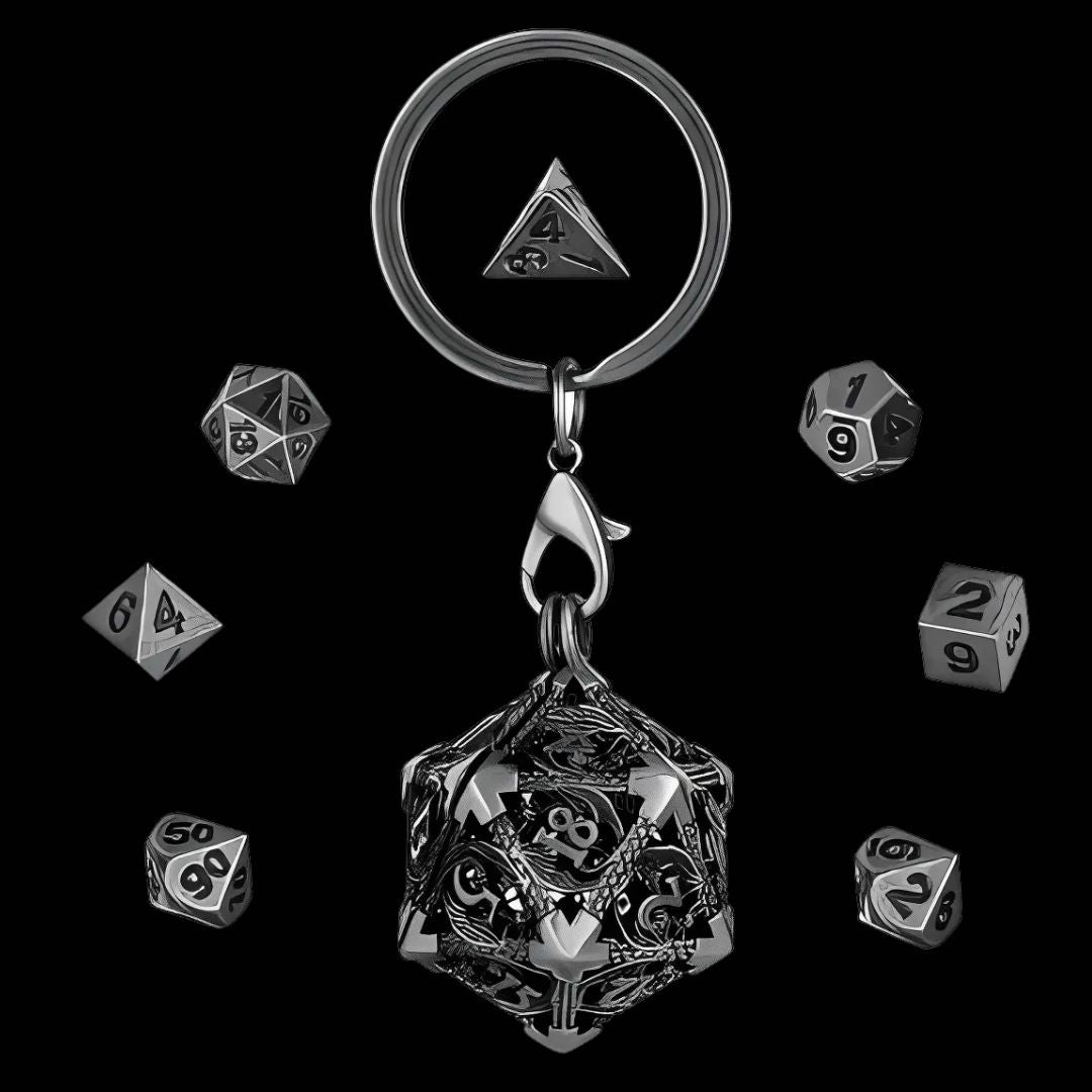 Mini Metal D20 Dice Set Keychain | 7-Piece Polyhedral RPG Dice with Hollow Storage Case | Portable Gaming Accessory